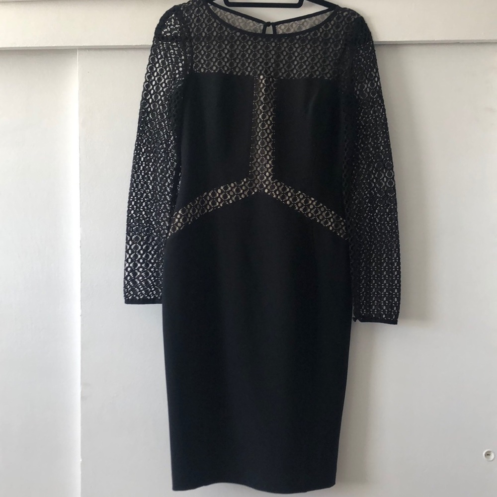 Maggy London midi length black dress w lace trim 6